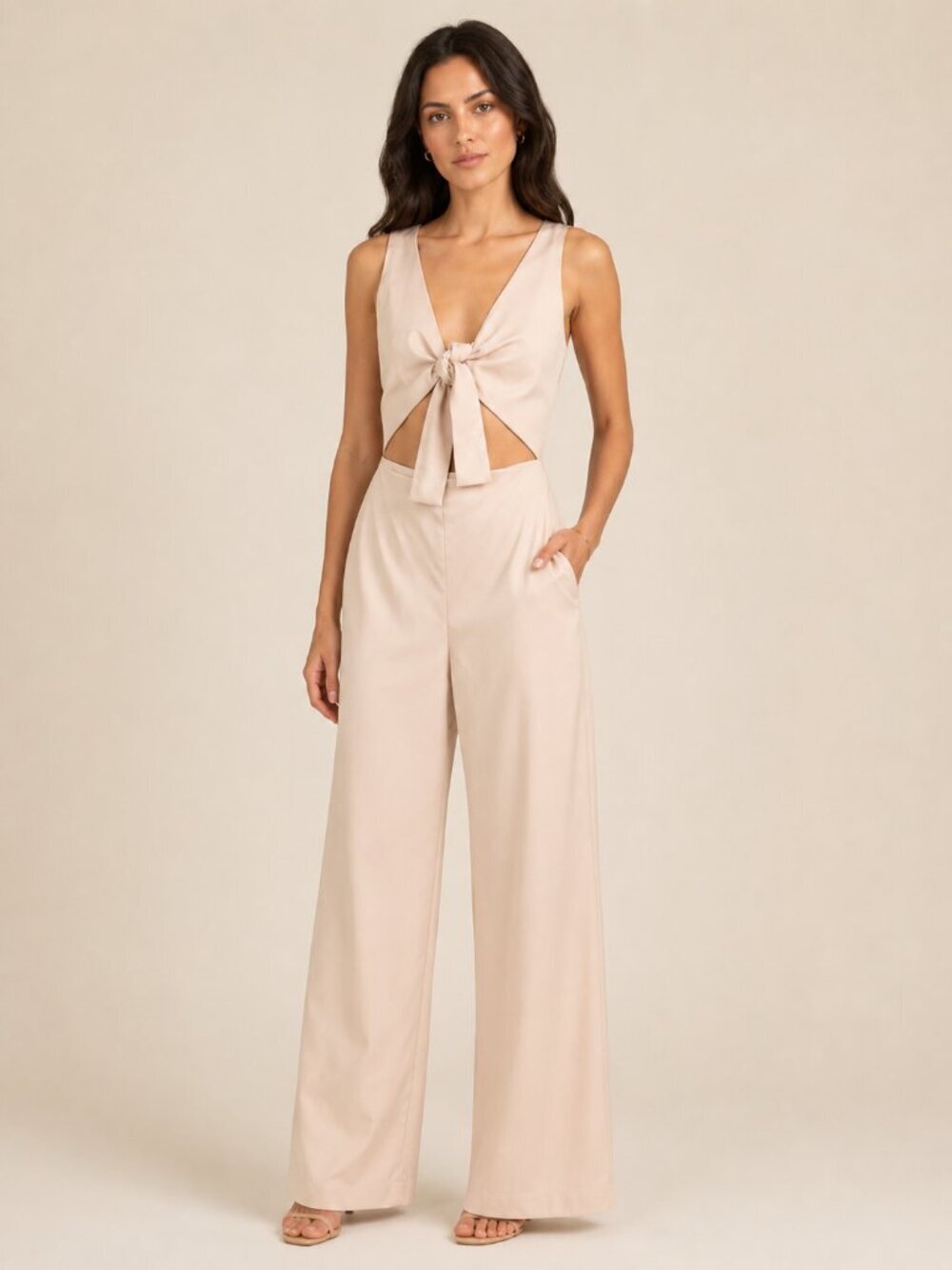 House of London Beige Cutout Tie Front Wide Leg Jumpsuit Size Small
